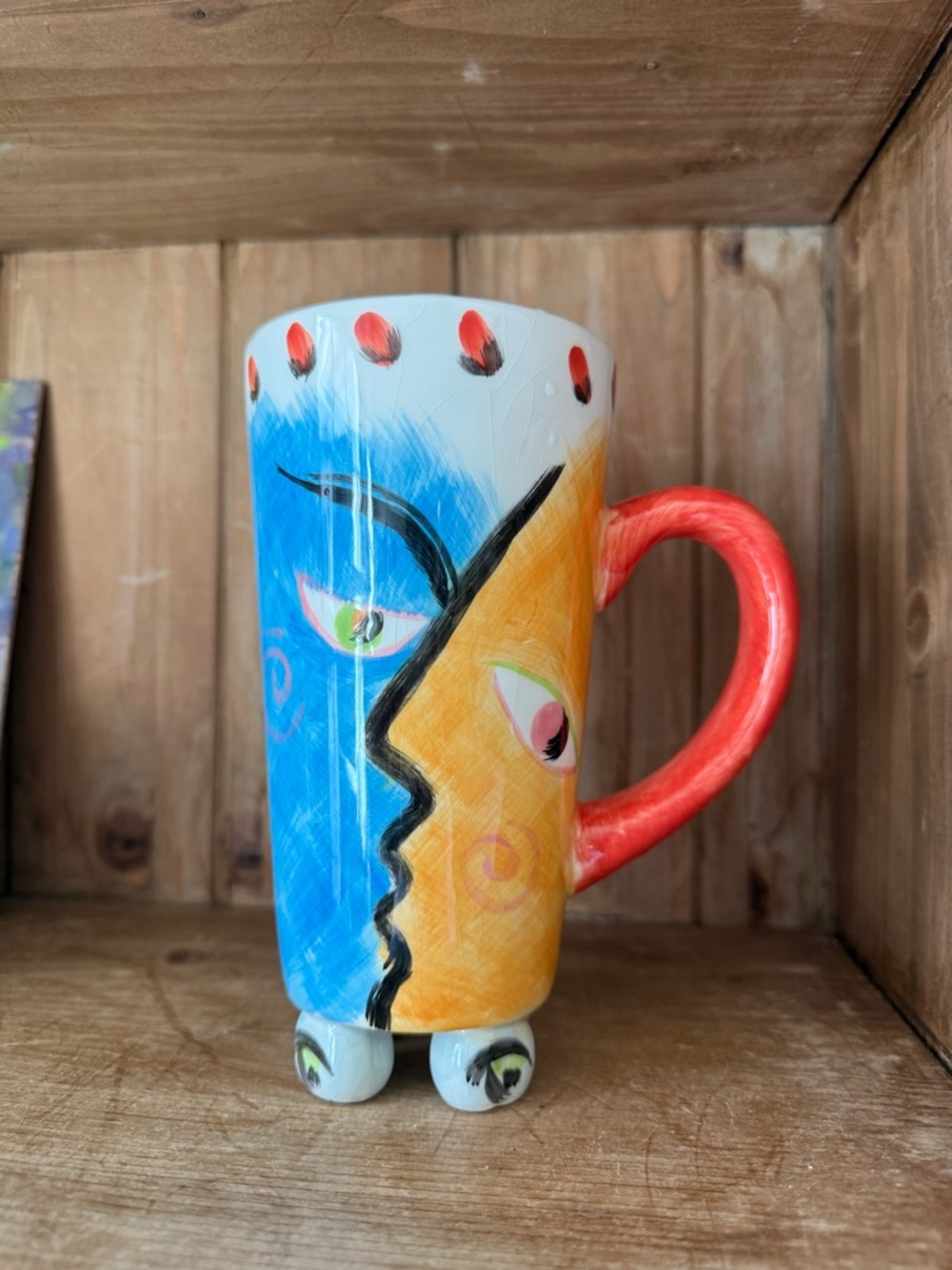 Hand-Painted Blue & Yellow Ceramic Art Mug with Red Handle - Picture 4 of 5